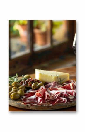 A traditional tapas spread with jam'n iberico, manchego cheese, olives, and a glass of red wine, set on a rustic wooden table.