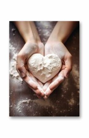 Hands creating heart shapes with flour while baking ingredient freshness holding.