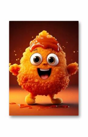 Cute Cartoon Chicken Nugget Food Character Covered in BBQ Sauce