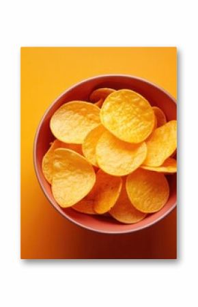 Top view of chips with sauce in a bowl against a colored background, top view with copy space.