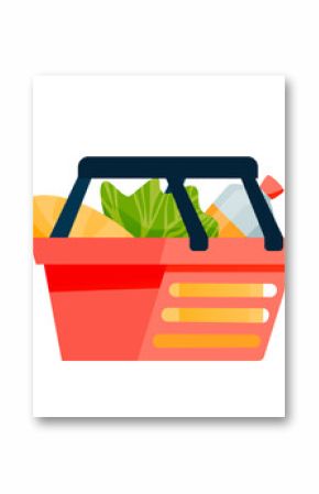 Supermarket shopping cart with products vector illustration. Buying food. Store, shop, market, grocery store trolley. Products purchase. Healthy diet, nutrition.