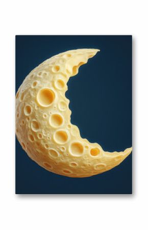 Crescent moon made of cheese. Cheesy moon. Moon made of cheese. Moon made of white cheese.  Moisten cheese moon. Cheese moon isolated.