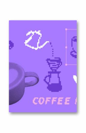 Pixel art coffee collage set, halftone and 8bit elements, computer interface, pour over coffee jug, hearts icon at purple background.