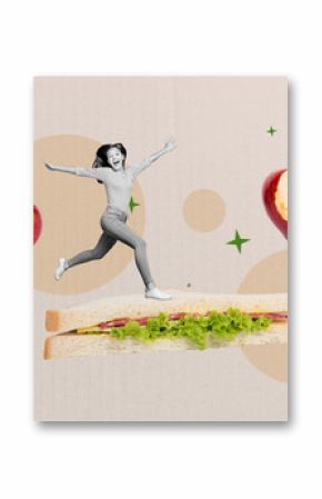 Composite creative art collage of excited girl run club sandwich breakfast nutrition apple bite fruit isolated on painted background