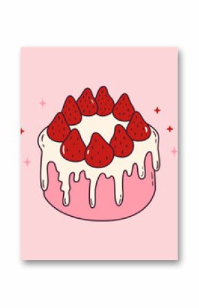 Cute pink bento cake with melting glaze and strawberries on top. Girly dessert for birthday, valentine day, anniversary. Hand drawn doodle pastry. Vector illustration