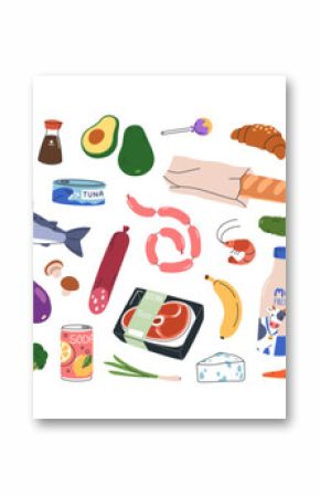 Food products set. Supermarket groceries, goods. Meat steak, fish, milk bottle, vegetables, fruits and baguette. Pasta, sausages, egg, ice-cream. Flat vector illustration isolated on white background