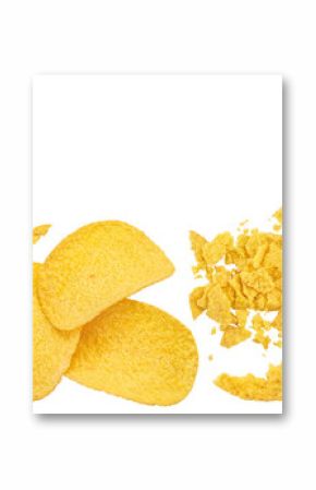 Potato chips isolated on white background with full depth of field. Top view with copy space for your text. Flat lay.