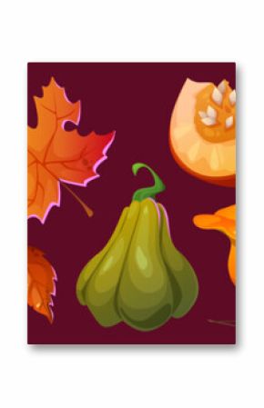 Autumn leaves icon. Fall pumpkin and mushroom set. Forest harvest cartoon illustration for Thanksgiving. September, October and November nature decoration isolated drawing. Orange chanterelle graphic