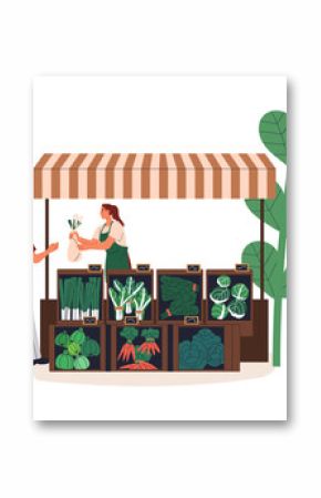 Farmer market stall. Buyer buying fresh organic vegetables and natural greens. Vendor selling local farm produce in outdoor marketplace. Flat vector illustration isolated on white background