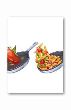 Flying salmon, beef steak and pasta with vegetables in cartoon frying pans set. Falling meat, fish, fusilli on pans. Chef recipe mascot, cooking process cartoon collection vector illustration