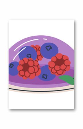 Berry jelly dessert on plate. Sweet dome-shaped gelatin snack with blueberries and raspberries. Fresh juicy gel treat. Cool transparent food. Flat vector illustration isolated on white background