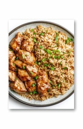 Top view of teriyaki chicken and rice on a white background