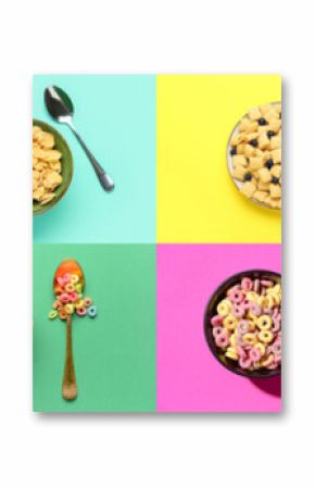 Group of bowls of cereal breakfast on color backgrounds, top view