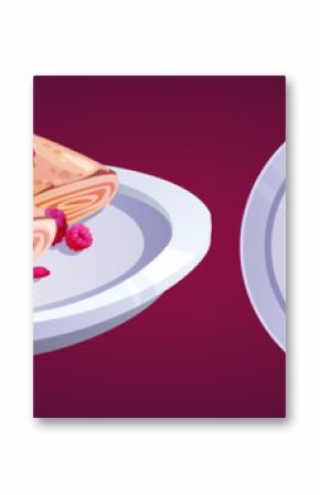 Pancakes served with raspberries set isolated on background. Vector cartoon illustration of rolled and folded thin fried pan cakes with sweet berry jam on plate, top view, cafe breakfast menu icons