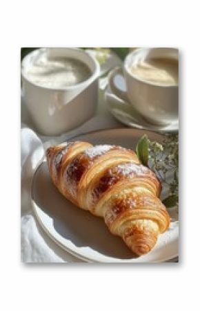 Morning delight with flaky croissant and coffee on a sunny spring day