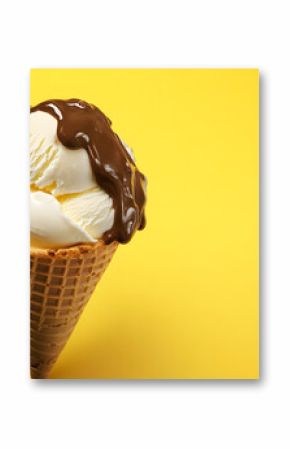 Melted ice cream in wafer cone on yellow background, top view. Space for text