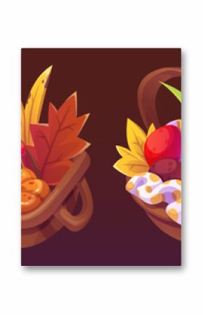 Autumn fruit and vegetable basket isolated vector. Healthy eating mushroom picking for picnic or thanksgiving with plenty leaves. Pumpkin food harvest in wicker fall symbol set with ribbon for game