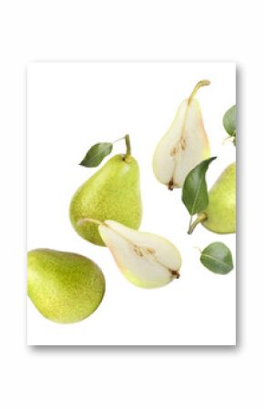 Fresh pears and green leaves in air on white background