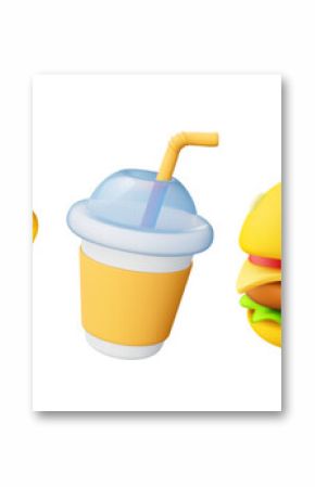 Vector illustration of realistic set of fast food icon. Burger, piece of pizza, ice cream, donut, drink cup. 3d style design of fast food collection with hamburger, pizza, ice cream, donut and cup