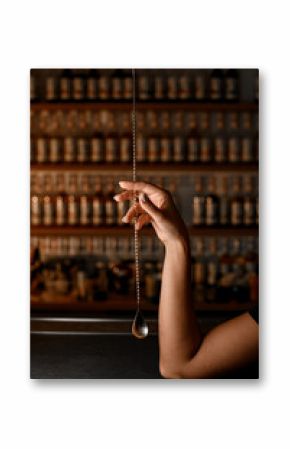 Female hands of a bartender holding a long golden bar spoon for mixing cocktails