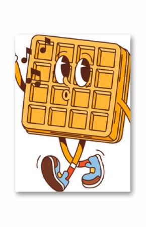 Groovy belgian waffle character. Street cafe or breakfast dessert food funny cartoon personage, restaurant menu pastry or sweet meal cute groovy character. Belgian waffle mascot walking and signing