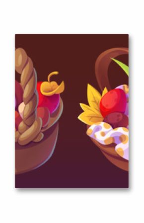 Autumn baskets set isolated on brown background. Vector cartoon illustration of wicker boxes with fruit and vegetable harvest, pumpkin, mushrooms and apples, yellow leaves, Thanksgiving Day symbol