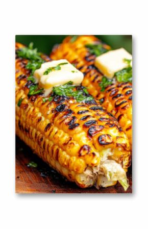 A close-up of freshly grilled corn on the cob, topped with butter and herbs, served on a wooden board.