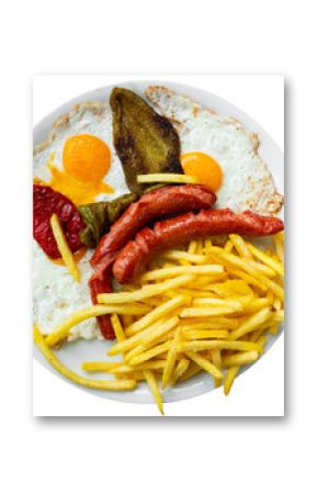 Sausages with fried eggs, potatoes and peppers served for breakfast. Isolated over white background