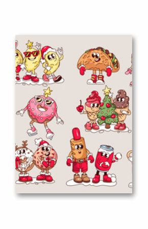 Groovy Christmas fast food cartoon characters set. Funny retro hotdog and coffee, French fries and ice cream, burger, donut. Christmas mascots, cartoon collection of 70s 80s style vector illustration