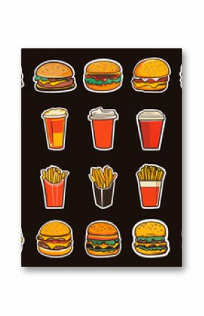 Fast food stickers set. Take out food icons, burger hamburger french fries cheeseburger paper cup soda juice cold drink street meal vector illustrations