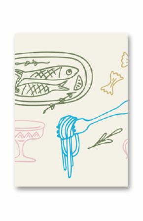 Minimalist vector illustration featuring a fish on a platter, a fork with pasta, bowtie pasta, an herb sprig, an onion, and a decorative stand. Ideal for culinary designs