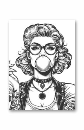 woman blowing a bubble with gum, featuring vintage fashion and a bold expression sketch engraving generative ai fictional character vector illustration. Scratch board imitation. Black and white image.