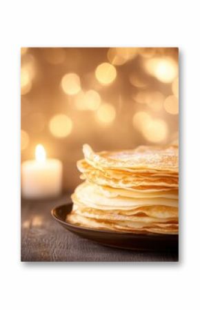 French pancakes crepes for Candlemas with candles in background