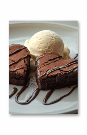 Two heart shaped brownies with vanilla ice cream and chocolate sauce on white plate