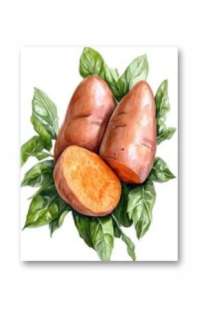 National Cook a Sweet Potato Day Fresh sweet potatoes with green leaves - vibrant watercolor artwork