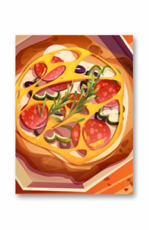 Cartoon pizza in open delivery box with melted cheese, salami slices, pepper, olives and rosemary sprigs on wooden table. Top view on round whole Italian food in cardboard package on tablecloth.