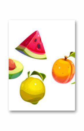 Summer fruit collection with citrus slices, ripe pomegranate, juicy watermelon, fresh avocado, yellow lemon, golden banana, sweet peach and tropical kiwi pieces for seasonal healthy food menu design.