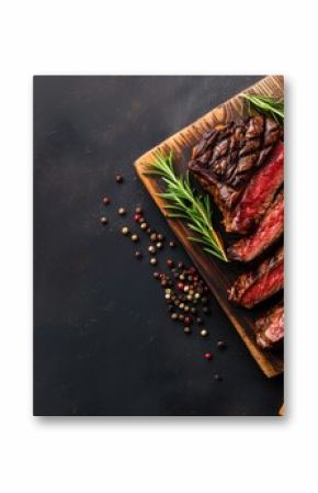 Grilled ribeye beef steak garnished with red wine and seasonings. Top-down view with space for text.