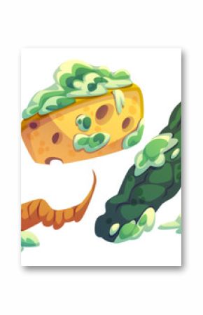 Rotten food with moldy lemon, cheese slice in fungus, decomposed carrot with green spots, spoiled cucumber, apple with decay patches. Set of deteriorated products with various stages of decomposition.