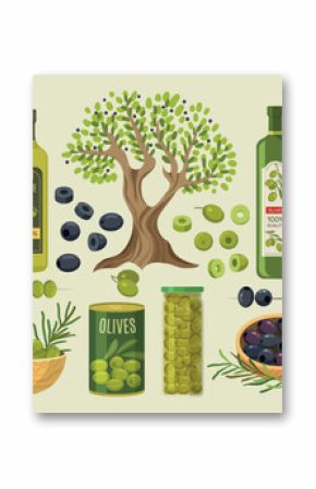 Olive. Different products from olive oil vegetarian foods sandwitches olive leaves recent vector flat illustrations set