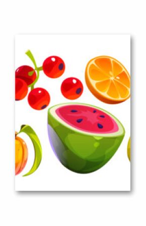 Summer fruit set isolated on white background. Vector cartoon illustration of whole and cut pieces of watermelon, strawberry, kiwi, pear, apple, lemon, orange, pomegranate, raspberry, organic food