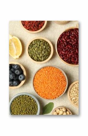 Different superfood products on light table, flat lay