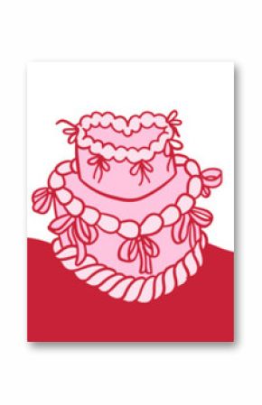 Coquette cakes set with bows and cherry, heart shaped dessert in retro 90s style. Trendy vintage pink girls vector illustration