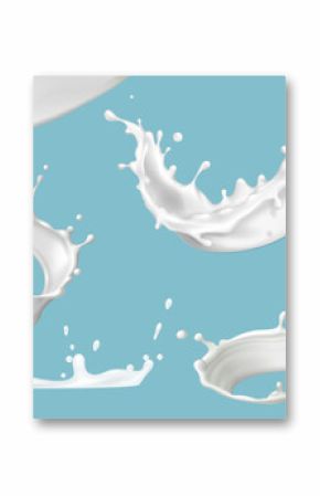 3D milk splashes set isolated on background. Vector realistic illustration of white paint, cream wave, yogurt swirl with flying milky drops, skincare cosmetic lotion, protein milkshake texture