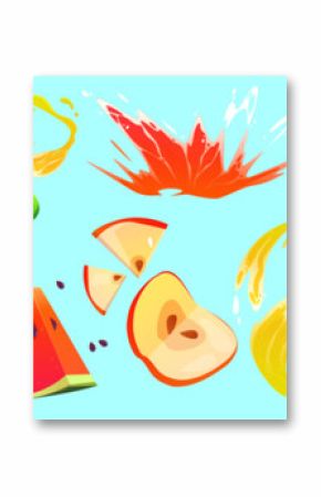 Fresh fruit juice splashes with sliced ingredients - orange, lemon and lime circles, watermelon triangles, apple pieces, kiwi rounds and gooseberry. Dynamic swirl liquid motion elements with drops.