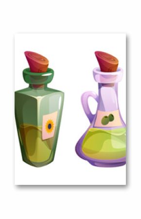 Oil bottles set isolated on white background. Vector cartoon illustration of glass jars with sunflower, olive extract, organic plant product, healthy food condiment, cooking and cosmetics ingredient