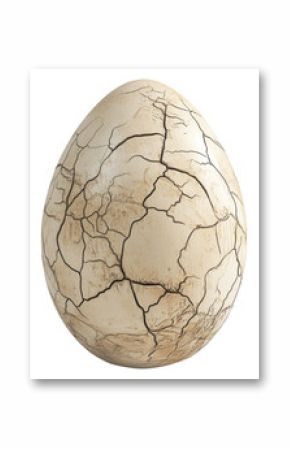 Large cracked dinosaur chicken egg with textured surface and detailed fractures, isolated on white transparent background. Concept of prehistoric life and hatching