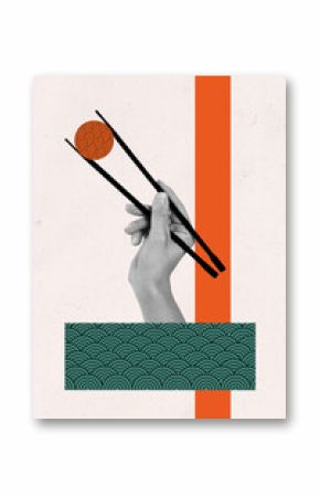 Vertical contemporary photo collage of hand hold chopsticks sushi oriental ornament asian food cafe order snack japan traditional meal