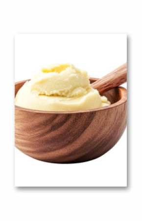 Shea butter in wooden bowl with wooden spoon, cut out transparent