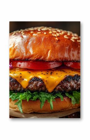 Gourmet cheeseburger with grilled black soldier fly patty, lettuce, tomato, onion, cheddar, and sesame seed bun